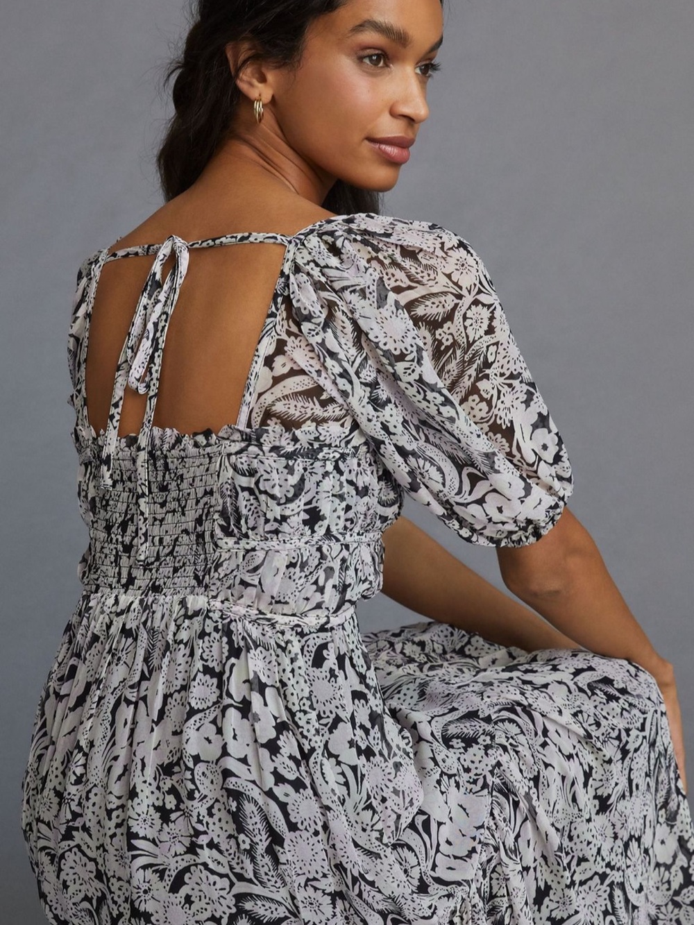 Anthropologie Black and White Floral Smocked Midi Dress - Picture 3 of 8